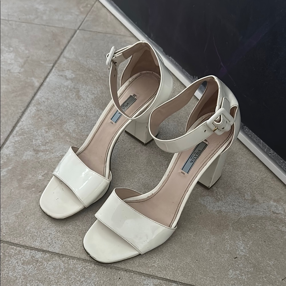 Prada Patent Block Heel Sandals with Ankle Strap